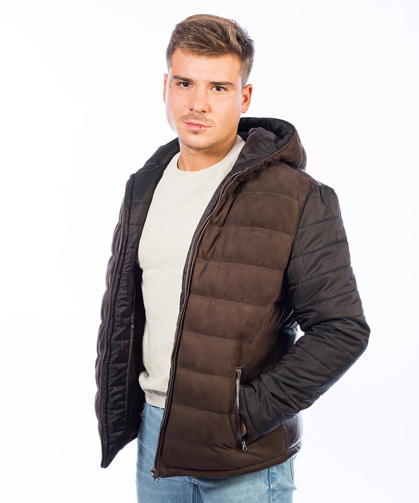 Cazadora combinada de piel para hombre