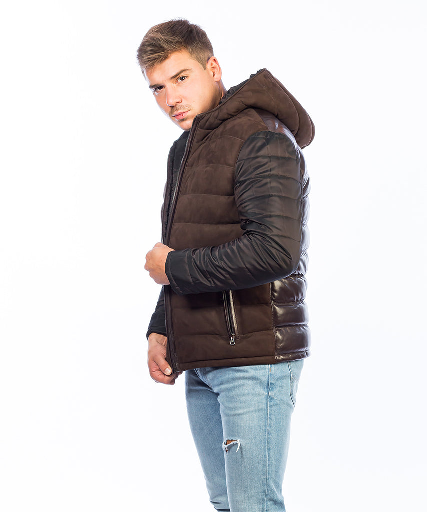 Cazadora combinada de piel para hombre