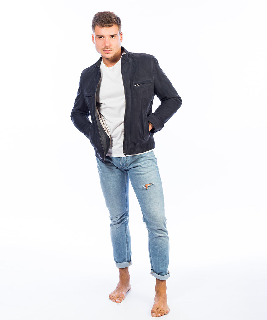 Cazadora de nobuck azul acabado ante