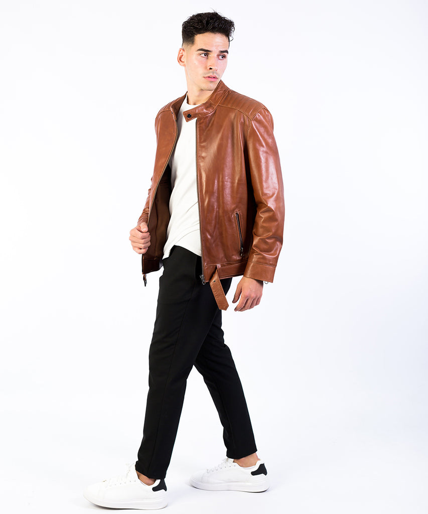 Cazadora biker piel detalle cinturón