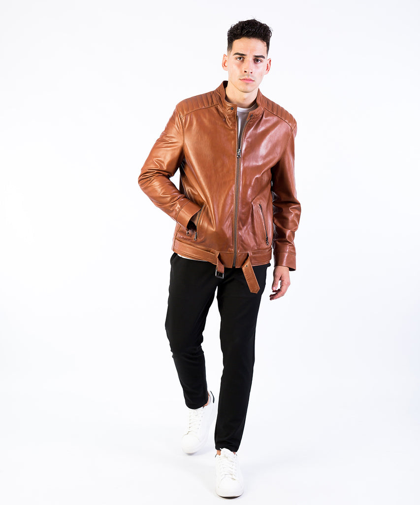 Cazadora biker piel detalle cinturón