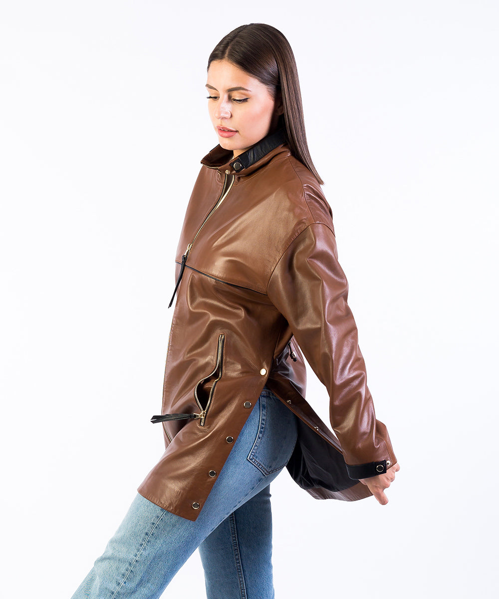 Chaqueta de piel oversize con aberturas HervasPiel