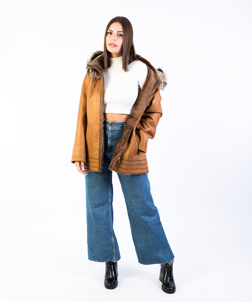 Chaqueta piel vuelta camel capucha